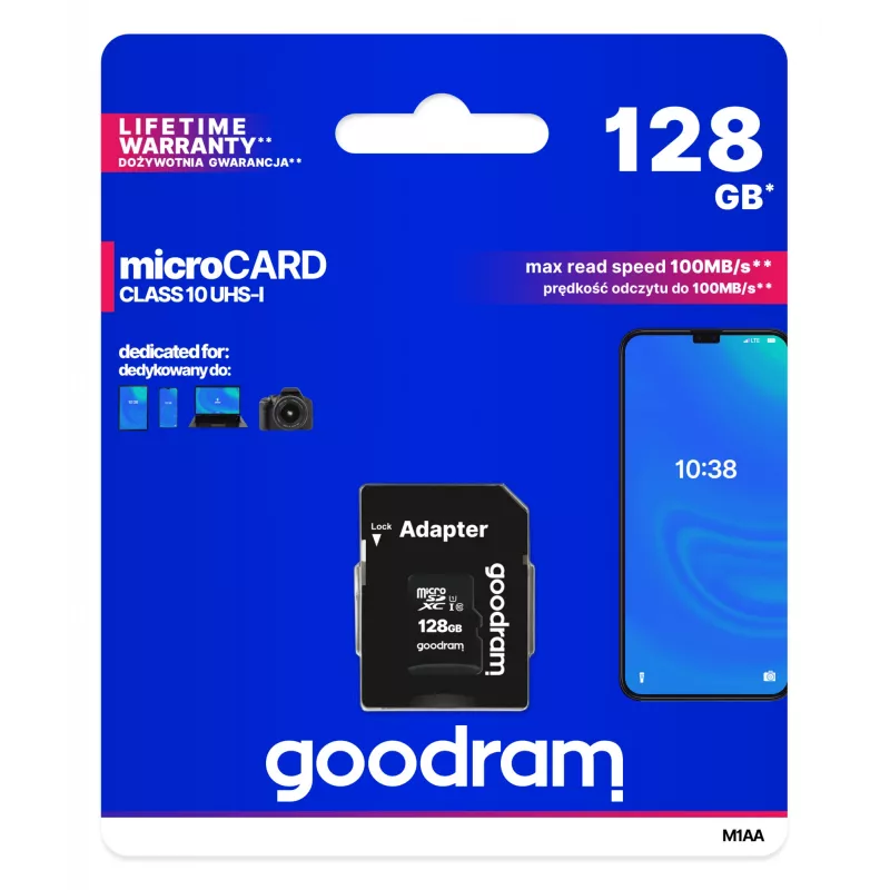 MicroSDXC flash-muisti GOODRAM 128GB UHS‑I Class 10 (luku 100 MB/s, kirjoitus 10 MB/s) SD-sovittimella