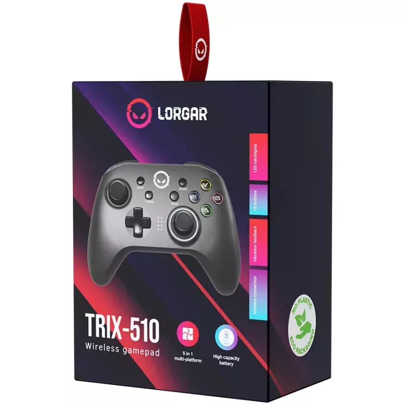 Lorgar TRIX-510 pelikontrolleri, musta, BT5.0, sisäänrakennettu 600 mAh:n akku, Type-C