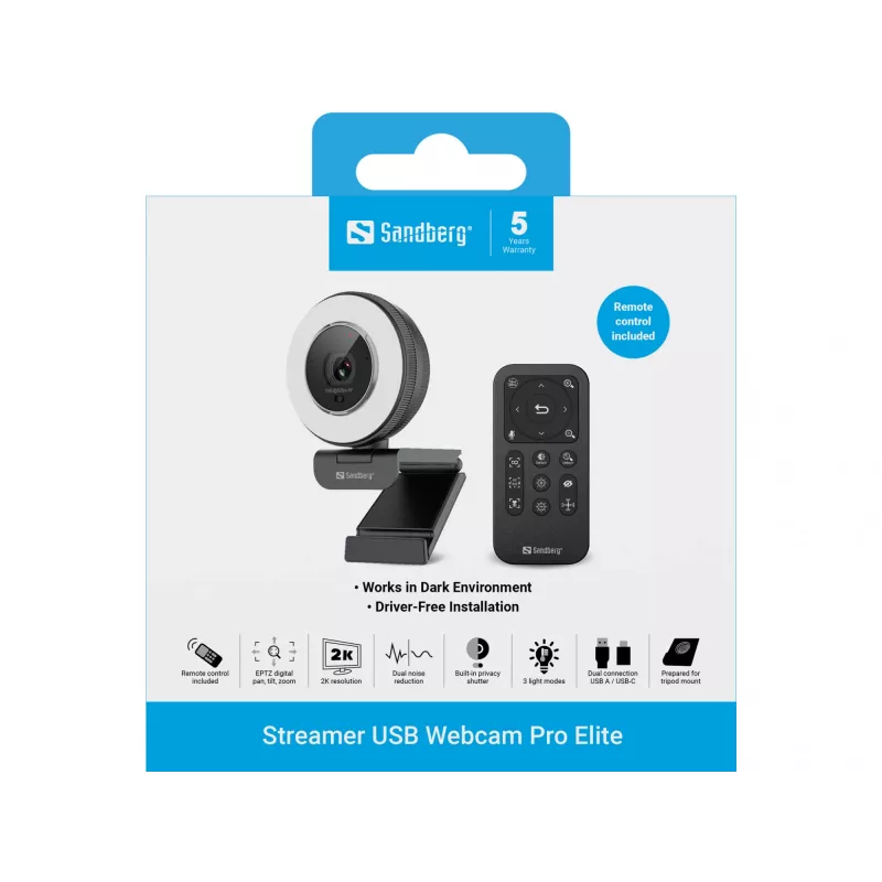 Sandberg Streamer USB -web-kamera Pro Elite 2560x1440 60fps musta