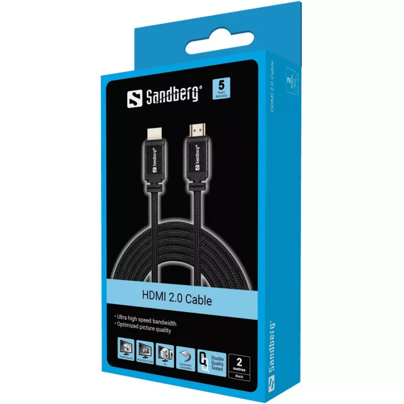 Sandberg HDMI 2.0 -kaapeli 19M-19M, 2 m, HDMI Type A (Standard), HDMI Type A (Standard), musta