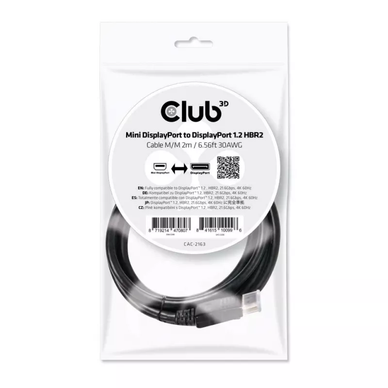 Club 3D CAC-2163 Mini DisplayPort - DisplayPort 1.2 HBR2 -kaapeli, uros/uros, 2 m (6,56 ft), 4K60Hz