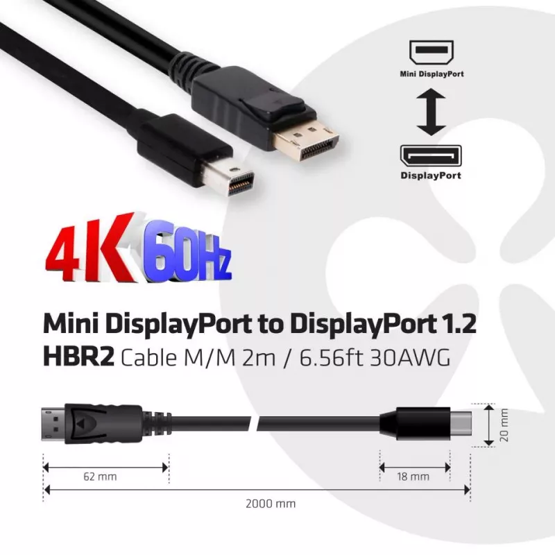 Club 3D CAC-2163 Mini DisplayPort - DisplayPort 1.2 HBR2 -kaapeli, uros/uros, 2 m (6,56 ft), 4K60Hz