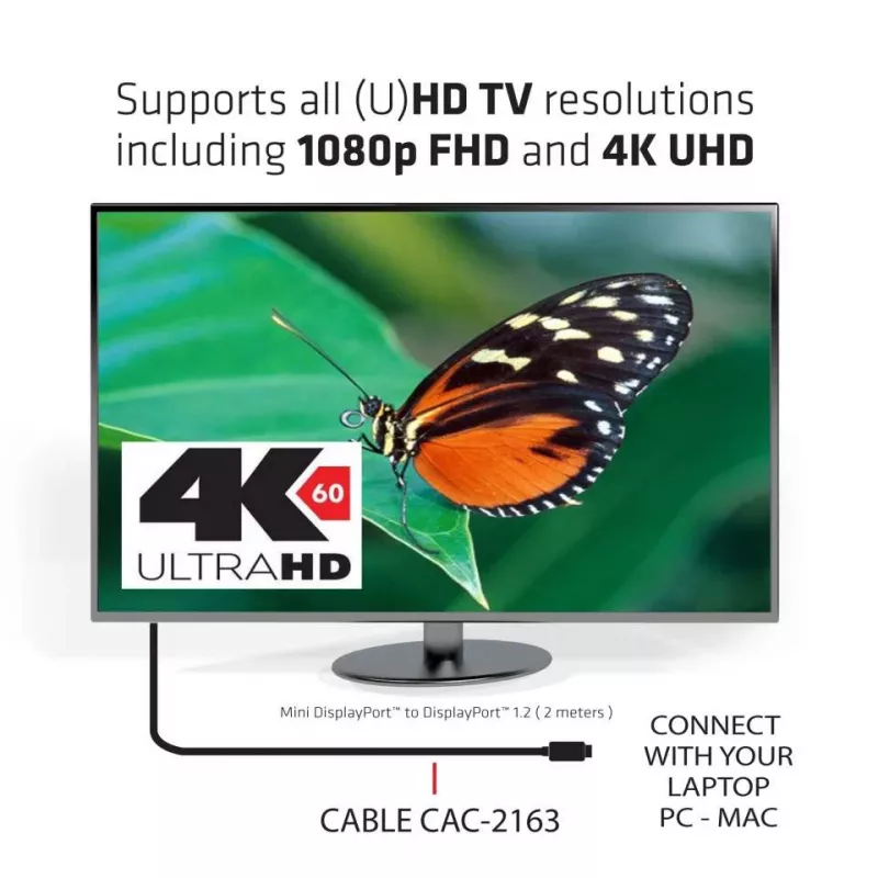 Club 3D CAC-2163 Mini DisplayPort - DisplayPort 1.2 HBR2 -kaapeli, uros/uros, 2 m (6,56 ft), 4K60Hz