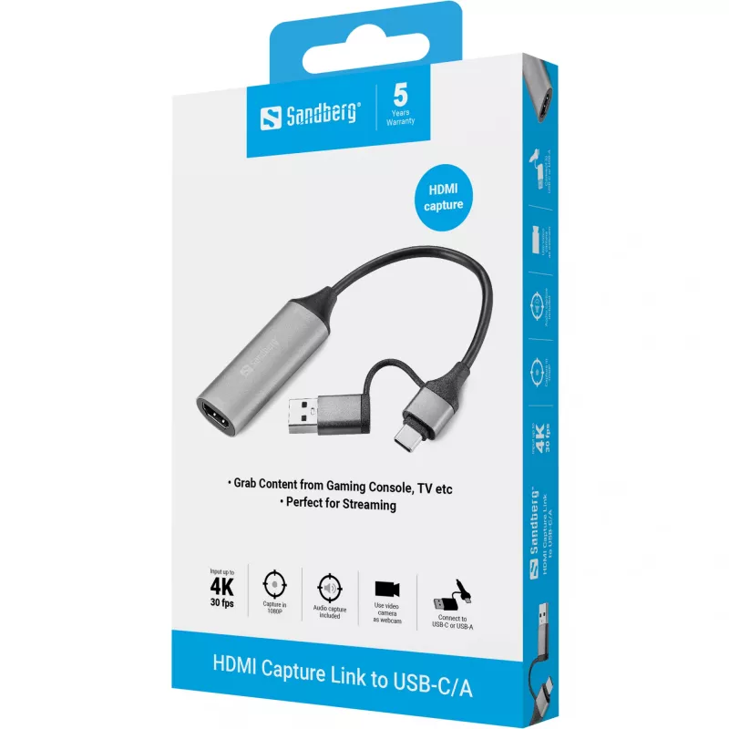 Sandberg HDMI Capture Link - USB-C/A, HDMI tyyppi A (Standard), USB Type-A + USB Type-C, naaras, uros, suora, suora