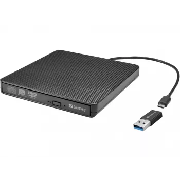 Sandberg USB-C/A DVD-asema, musta, tarjotin, pöytäkone/kannettava, DVD Super Multi DL, USB Type-C, CD-R, CD-ROM, CD-RW, DVD+R DL, DVD-R, DVD-R DL, DVD-RAM, DVD-ROM, DVD-RW
