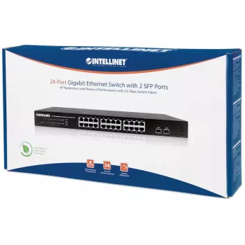Intellinet 24-porttinen Gigabit Ethernet -kytkin 2 SFP-portilla, 24 x 10/100/1000 Mbit/s RJ45-porttia + 2 x SFP, IEEE 802.3az (Energy Efficient Ethernet), 19 tuuman räkkikiinnitys, metalli