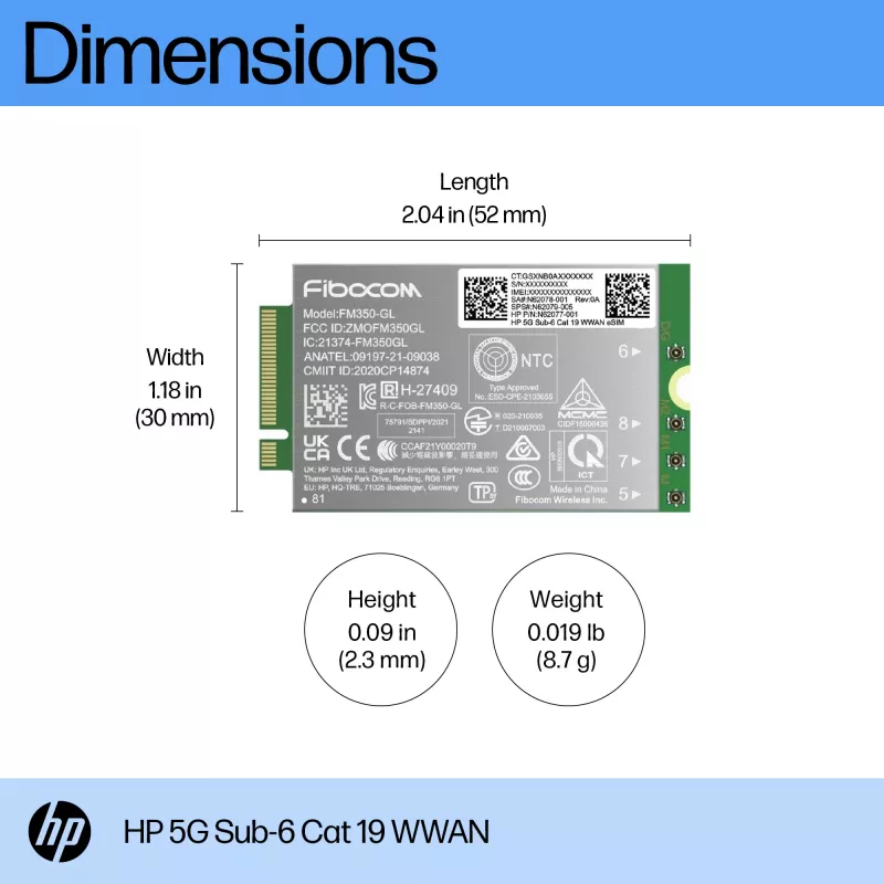 HP 5G Sub-6 Cat 19 WWAN -liitäntäkortit/sovittimet