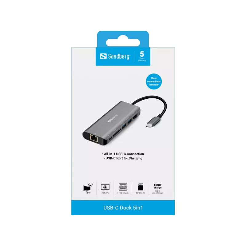Sandberg USB-C-telakointiasema HDMI+LAN+SD+USB100W