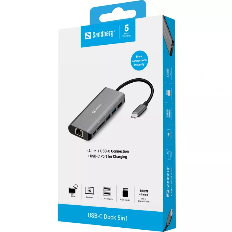 Sandberg USB-C-telakointiasema HDMI+LAN+SD+USB100W