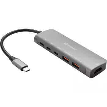 Sandberg USB-C-telakka HDMI + 2xUSB-A + 2xUSB-C + PD100W, johdollinen, USB 3.2 Gen 1 (3.1 Gen 1) Type-C, 100 W, alumiini, 4K Ultra HD, 3840 x 2160 pikseliä