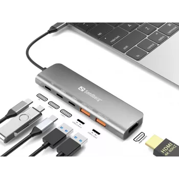 Sandberg USB-C-telakka HDMI + 2xUSB-A + 2xUSB-C + PD100W, johdollinen, USB 3.2 Gen 1 (3.1 Gen 1) Type-C, 100 W, alumiini, 4K Ultra HD, 3840 x 2160 pikseliä