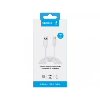 Sandberg USB-C 3.1 USB-A 3.0 2M, 2 m, USB-C, USB-A, USB 3.2 Gen 1 (3.1 Gen 1), uros/uros, valkoinen