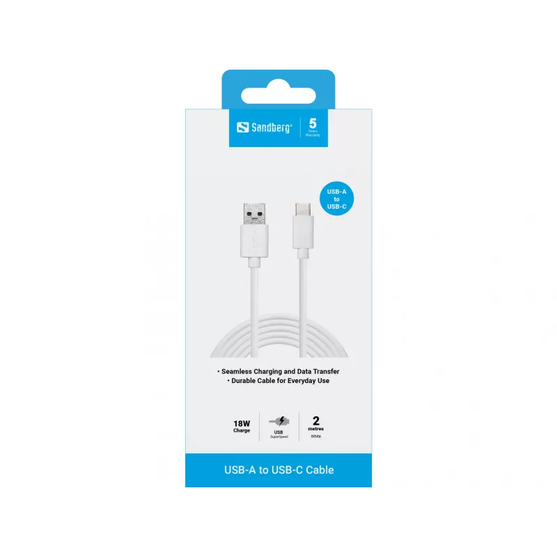Sandberg 136-14 USB-C 3.1 - USB-A 3.0 -kaapeli, 2 m, uros/uros, valkoinen