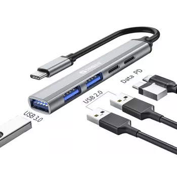 Sandberg USB-C - 3xUSB-A+2xUSB-C SAVER USB 3.2 Gen 1 harmaa alumiini