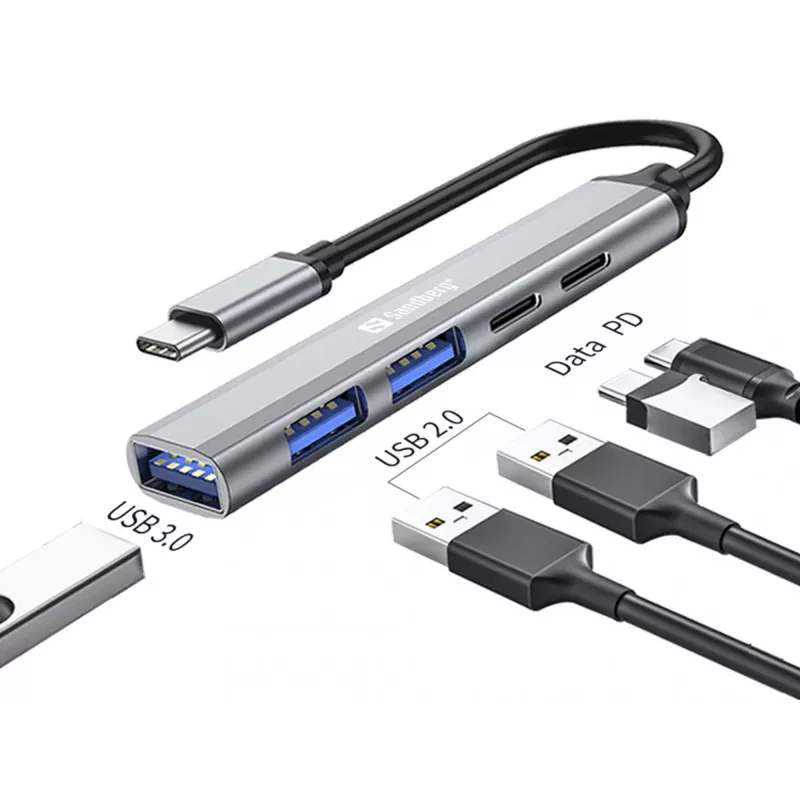 Sandberg USB-C - 3xUSB-A+2xUSB-C SAVER USB 3.2 Gen 1 harmaa alumiini
