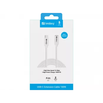 Sandberg 136-55 USB-C-jatkokaapeli, uros–naaras, 100 W, 10 Gbps, 2 m, valkoinen