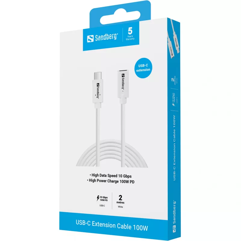 Sandberg 136-55 USB-C-jatkokaapeli, uros–naaras, 100 W, 10 Gbps, 2 m, valkoinen