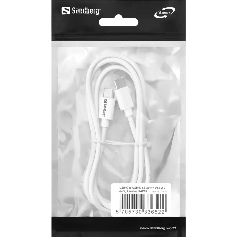 Sandberg USB-C USB-C 65W 1M SAVER, 1 m, USB-C, USB-C, USB 2.0, valkoinen