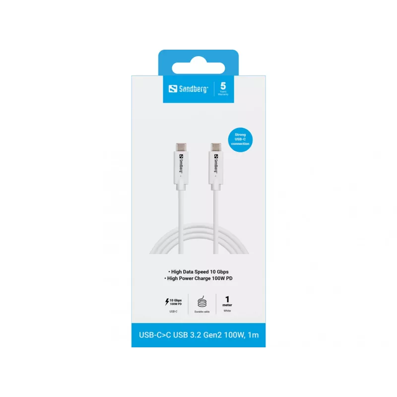 Sandberg USB-C USB-C USB 3.2 Gen2 100W, 1M, 1 m, USB-C, USB-C, USB 3.2 Gen 2 (3.1 Gen 2), 10 Gbit/s, valkoinen