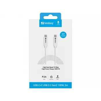 Sandberg USB-C>C USB 3.1 G2 100W 2M -kaapeli valkoinen