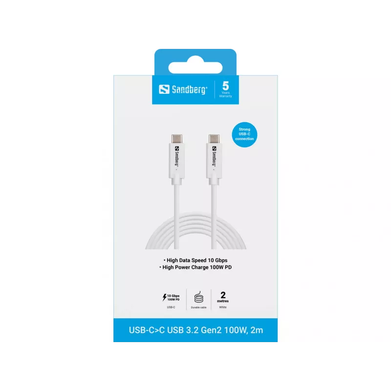 Sandberg USB-C>C USB 3.1 G2 100W 2M -kaapeli valkoinen