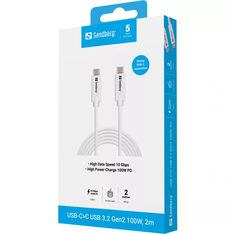 Sandberg USB-C>C USB 3.1 G2 100W 2M -kaapeli valkoinen