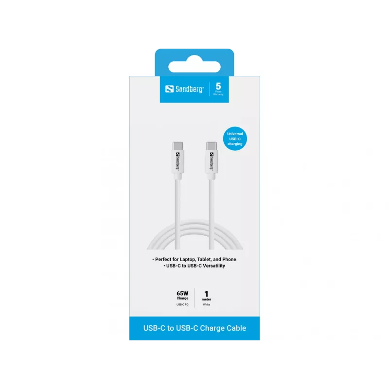 Sandberg USB-C-laturikaapeli 1M, 65W, 1 m, USB-C, USB-C, USB 3.2 Gen 1 (3.1 Gen 1), valkoinen