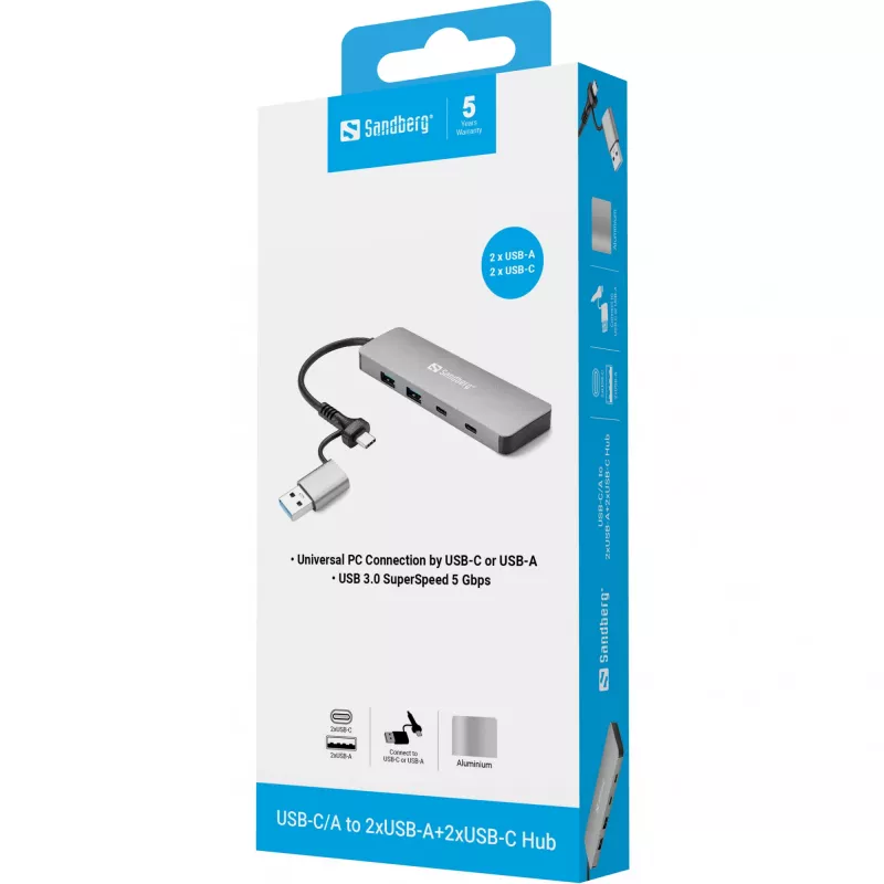 Sandberg USB-C/A - 2xUSB-A+2xUSB-C -keskitin