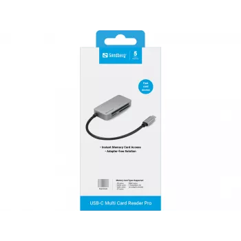 Sandberg USB-C Multi Card Reader Pro, CF, MMC, MicroSD (TransFlash), SD, SDHC, SDXC, xD, musta, USB 3.2 Gen 1 (3.1 Gen 1) Type-C, 1 kpl, 82 mm, 23 mm