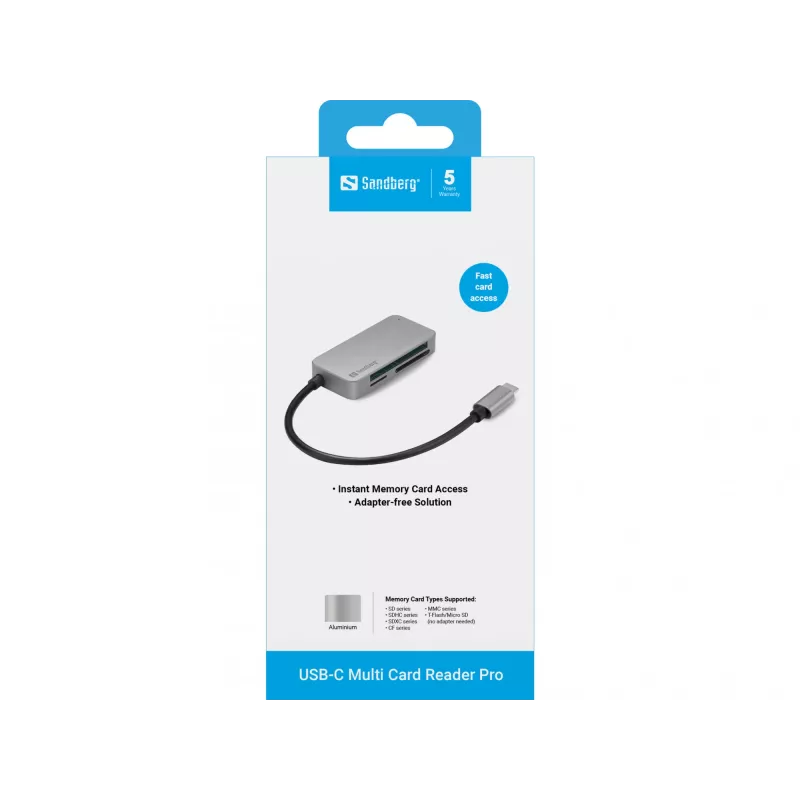 Sandberg USB-C Multi Card Reader Pro, CF, MMC, MicroSD (TransFlash), SD, SDHC, SDXC, xD, musta, USB 3.2 Gen 1 (3.1 Gen 1) Type-C, 1 kpl, 82 mm, 23 mm