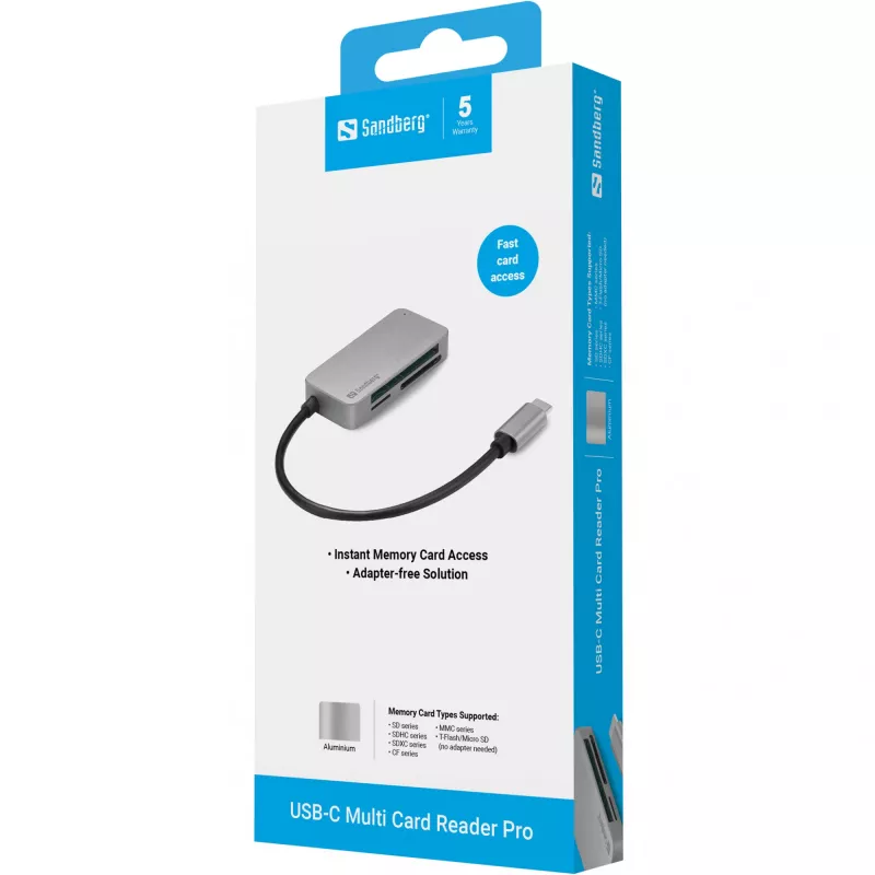Sandberg USB-C Multi Card Reader Pro, CF, MMC, MicroSD (TransFlash), SD, SDHC, SDXC, xD, musta, USB 3.2 Gen 1 (3.1 Gen 1) Type-C, 1 kpl, 82 mm, 23 mm