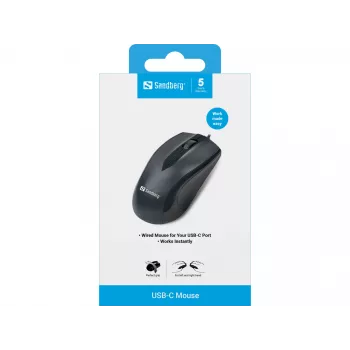 Sandberg USB-C-hiiri, molempikätinen, optinen, USB Type-C, 1200 DPI, musta