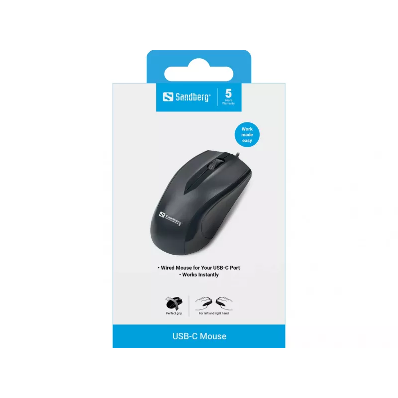 Sandberg USB-C-hiiri, molempikätinen, optinen, USB Type-C, 1200 DPI, musta