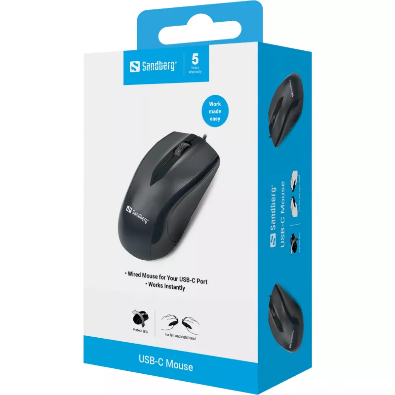 Sandberg USB-C-hiiri, molempikätinen, optinen, USB Type-C, 1200 DPI, musta