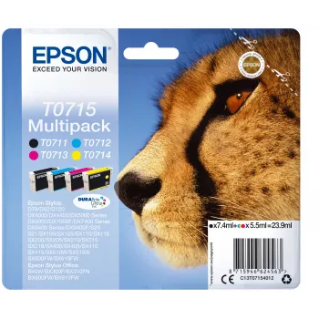 Epson monipakkaus 4 väriä T0715 DURABrite Ultra -muste, musta, syaani, magenta, keltainen, 7,4 ml, 5,5 ml, 1 kpl, monipakkaus