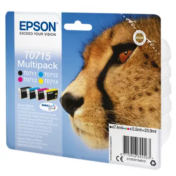 Epson monipakkaus 4 väriä T0715 DURABrite Ultra -muste, musta, syaani, magenta, keltainen, 7,4 ml, 5,5 ml, 1 kpl, monipakkaus
