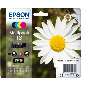 Epson Daisy monipakkaus 4 väriä 18 Claria Home Ink, musta, syaani, magenta, keltainen, 5,2 ml, 3,3 ml, 1 kpl, 175 sivua, monipakkaus