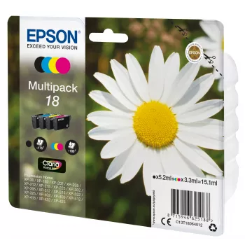 Epson Daisy monipakkaus 4 väriä 18 Claria Home Ink, musta, syaani, magenta, keltainen, 5,2 ml, 3,3 ml, 1 kpl, 175 sivua, monipakkaus