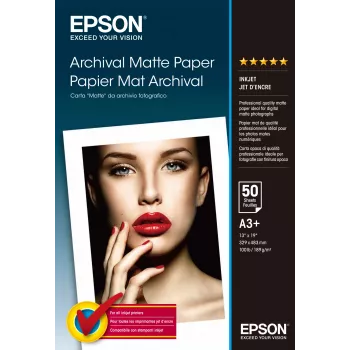 Epson Archival Matte Paper, DIN A3+, 189 g/m², 50 arkkia, mustesuihkutulostus, A3+ (330x483 mm), matta, 50 arkkia, 192 g/m², valkoinen