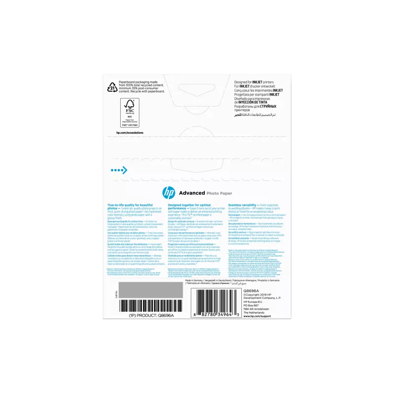 HP Q8696A Advanced Glossy valokuvapaperi reunaton, kiiltävä, 250 g/m², 13 x 18 cm (130 x 180 mm), 25 arkkia