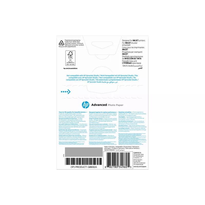 HP Advanced Photo Paper Glossy 250 g/m² 10 x 15 cm (101 x 152 mm) 100 arkkia
