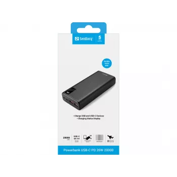 Kannettava akku Sandberg Powerbank USB-C PD 20W 20000, 20000 mAh