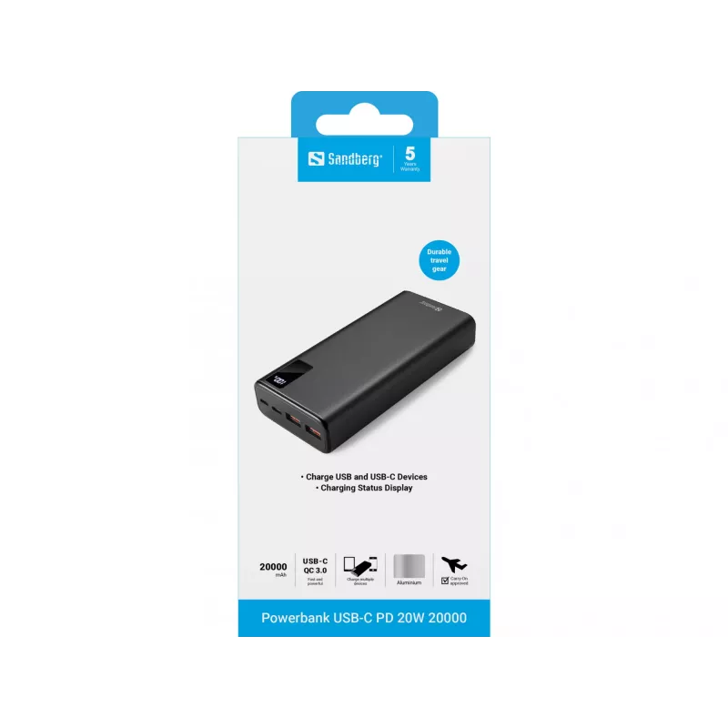 Kannettava akku Sandberg Powerbank USB-C PD 20W 20000, 20000 mAh