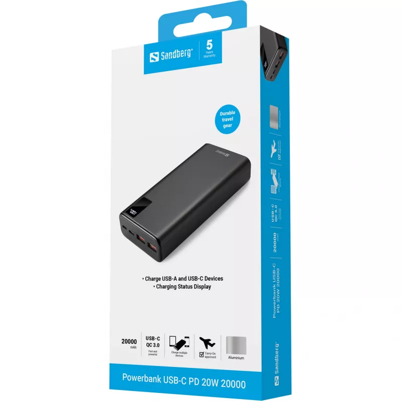 Kannettava akku Sandberg Powerbank USB-C PD 20W 20000, 20000 mAh
