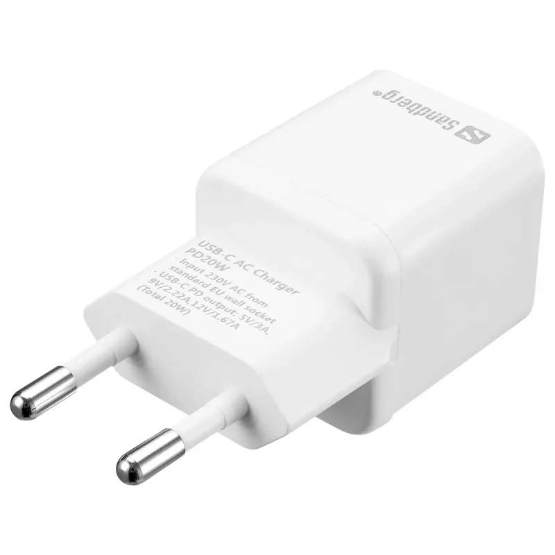 Sandberg USB-C AC -laturi PD20W EU, sisäkäyttö, AC, 5 V, 3 A, valkoinen
