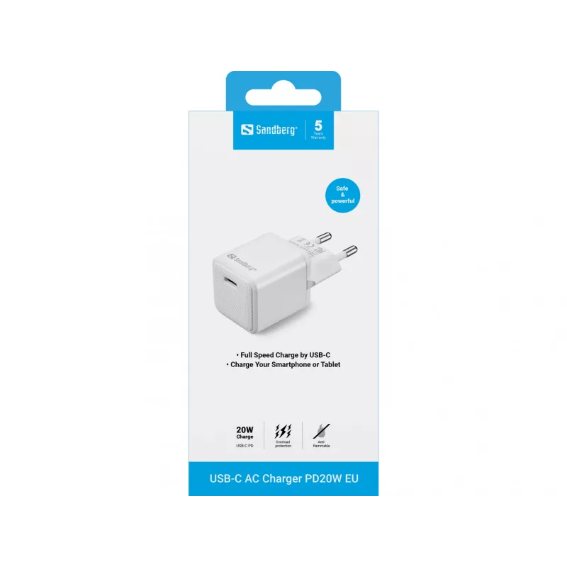 Sandberg USB-C AC -laturi PD20W EU, sisäkäyttö, AC, 5 V, 3 A, valkoinen