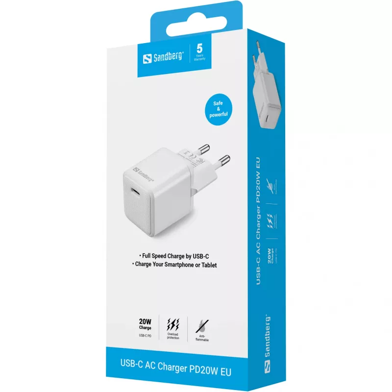 Sandberg USB-C AC -laturi PD20W EU, sisäkäyttö, AC, 5 V, 3 A, valkoinen