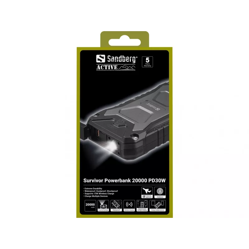 Sandberg Survivor -varavirtalähde 20000 PD30W, 20000 mAh, langaton lataus, musta