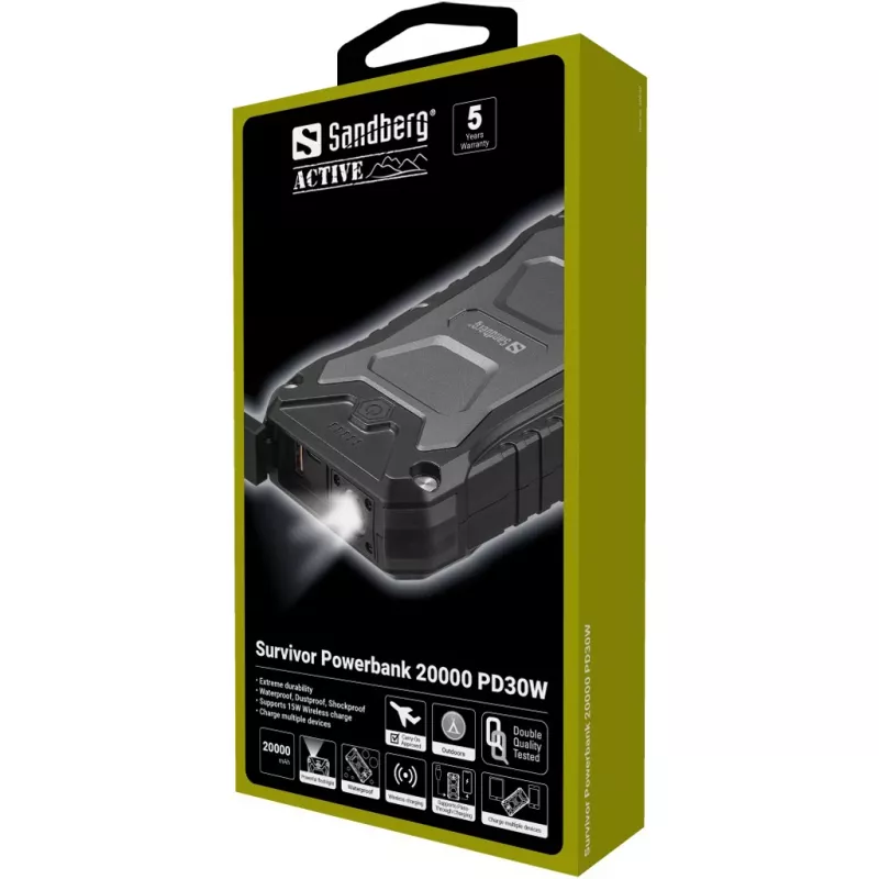 Sandberg Survivor -varavirtalähde 20000 PD30W, 20000 mAh, langaton lataus, musta
