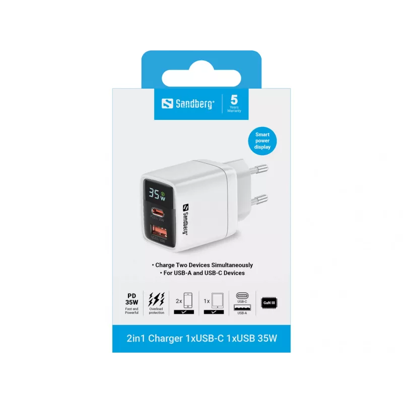 Laturi Sandberg 2in1 1xUSB-C 1xUSB 35W Indoor AC Universal
